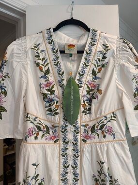 FARM Rio White Cotton Dress with Multicolor Floral Embroidery NWT